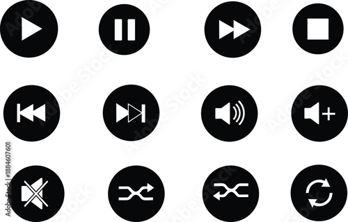 Black Circular Icons for Media Player Controls on White Background pause