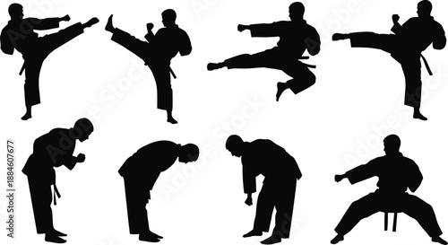Silhouette vector set of martial artists in dynamic karate poses and stances, ideal for sport, training, discipline, and motion-themed design illustrations.