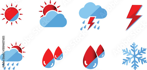 Set of Weather Icons Including Sun, Clouds, Rain, Lightning, and Snowflake on White Background vector