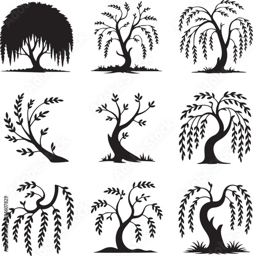 set of black silhouette trees with different shapes and leaves