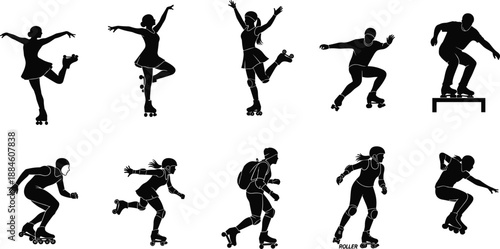   
Silhouette vector set of roller skaters in diverse poses and gear, showcasing dynamic motion, urban sport, and recreational skating for lifestyle-themed illustrations.