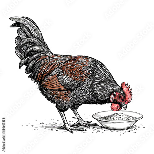 Black Breasted Red Old English Game Fowl, Gallus gallus domesticus, Vibrant Vector Illustration.