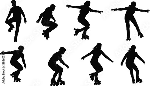 Silhouette vector set of roller skaters in dynamic poses wearing quad skates, perfect for sports, recreation, urban lifestyle, and motion-themed illustrations.