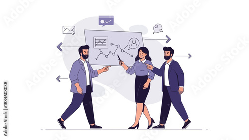 Business team analyzing financial growth chart on whiteboard, planning strategy