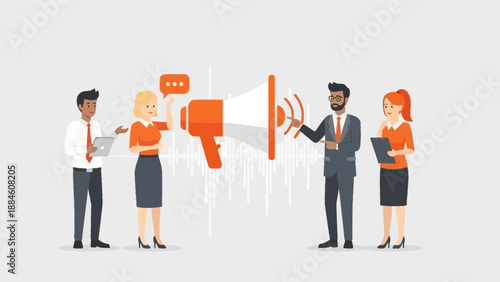 Business Team Announcing News with Megaphone and Soundwaves