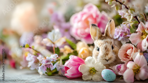 Cute easter bunny with colorful easter eggs celebrating spring holiday