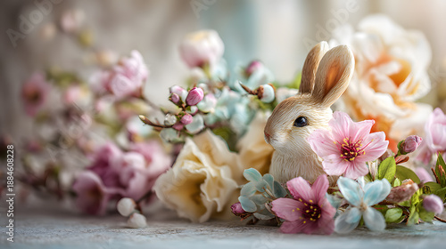 Cute Easter bunny with colorful Easter eggs in a spring holiday setting