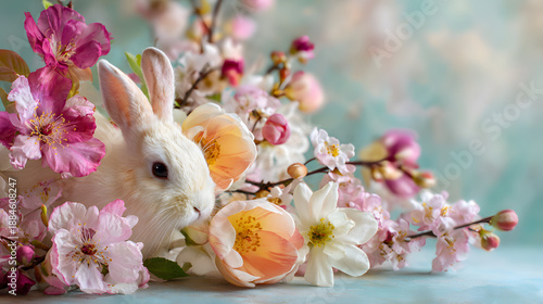 Cute Easter bunny with colorful eggs and pink flowers in a spring garden