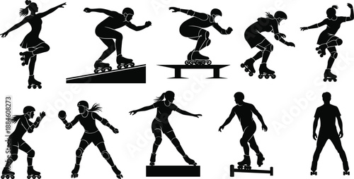 Silhouette vector set of roller skaters performing tricks and stunts with protective gear, ideal for urban sport, recreation, and active lifestyle illustrations.