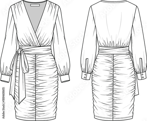 Technical fashion sketch of long sleeve deep V-neck wrap dress with gathered waist tie and ruched skirt, garment design template,