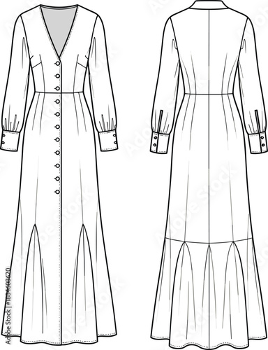 Technical fashion sketch of long sleeve v-neck button down maxi dress with pleated skirt, front and back view garment template,