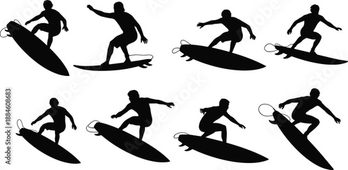 Silhouette vector set of surfers in dynamic poses on surfboards, showcasing balance, tricks, and wave-riding techniques for water sport and beach lifestyle themes.