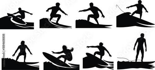 Silhouette vector set of surfers performing dynamic tricks and poses on surfboards, ideal for water sports, beach lifestyle, and extreme sport-themed illustrations.