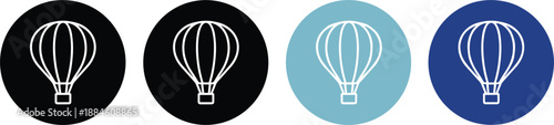Four hot air balloon icons centered in solid circular backgrounds of black light blue and navy for travel graphics.
