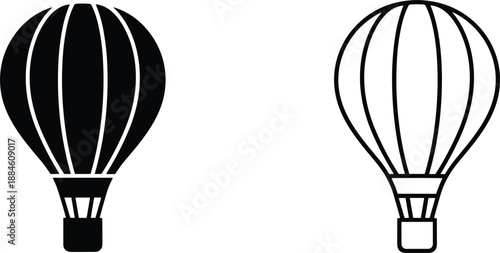 Hot air balloon icons in solid black silhouette and simple outline styles for travel adventure and flight transportation graphics.