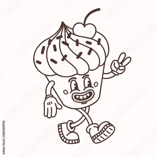 Cartoon muffin or cup cake character with sprinkles and a cherry in a simple ...