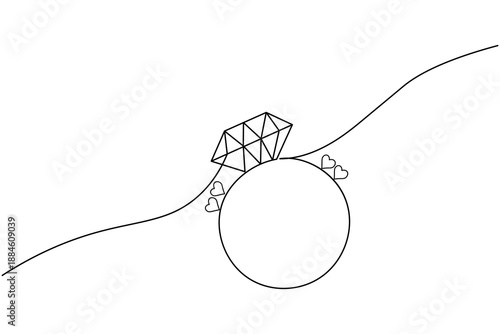 Minimalist continuous one line drawing of a diamond engagement ring with heart. Elegant jewelry line art illustration on a clean white background for wedding decor or logo design.