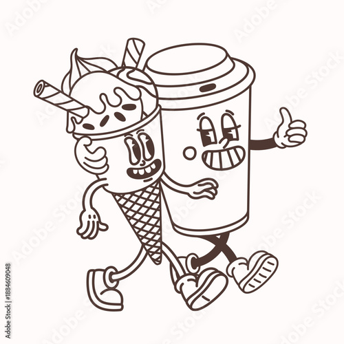 Ice cream and coffee cup cartoon characters in a simple groovy line style wal...