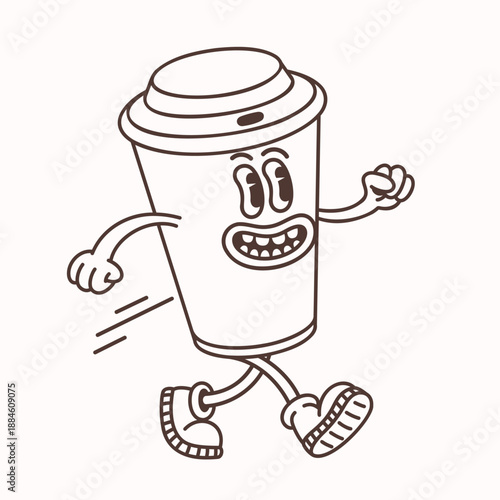 Line Coffee cup character in a simple groovy cartoon style walking with speed lines. Coffee cup vector illustration for stickers, coloring pages, food prints and retro themed designs.
