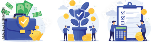 Financial insurance and investment concept illustration, secure savings with briefcase piggy bank, money growth plant and business budget planning checklist,