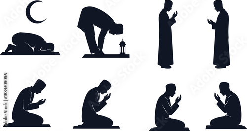 Silhouettes of Muslim individuals in various Islamic prayer postures including sujood, ruku, and dua under moonlight near mosque, spiritual worship vector illustration
