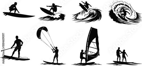 Silhouette vector set of water sports athletes surfing, paddleboarding, windsurfing, and kitesurfing in action, perfect for adventure, sport, and outdoor recreation themes.