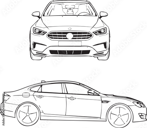 set of simple black and white line art drawing of a modern car