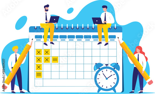 Diverse professional team collaborating on a giant calendar with pencils and alarm clock for time management, scheduling, and project deadlines.