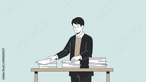 Man in suit organizing stacks of paper on a desk, business concept, clean illustration
