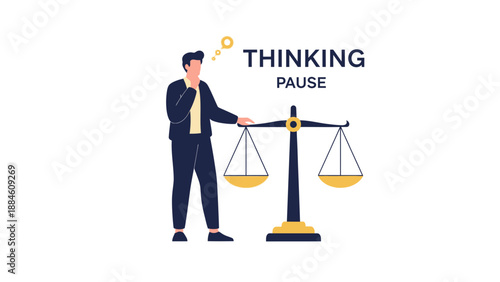 Man in Suit Thinking Beside Scales of Justice, Decision Making Concept