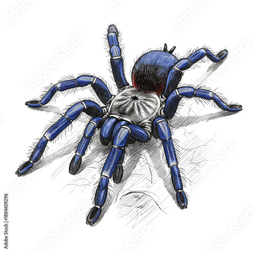 Vibrant vector illustration of a striking blue tarantula spider, showcasing its unique coloration, ideal for exotic animal and nature themes.
