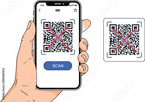 Smartphone held in hand scanning a QR code with a red cross error symbol, representing failed scan, security warning, or invalid link.