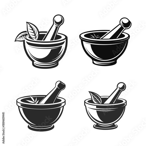 
Stylized Mortar And Pestle Icons With Herbs For Cooking, Pharmacy, Or Wellness Themes
