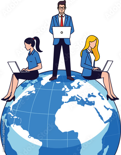 Professional business team working on laptops atop a global world globe representing international remote work, digital nomadism, and global connectivity.