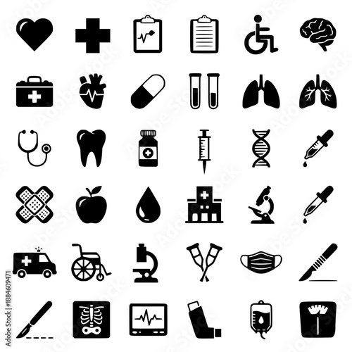 Healthcare and medical icon set. Set created for mobile, web and applications, black and white vector icons. Transparent background SVG version.