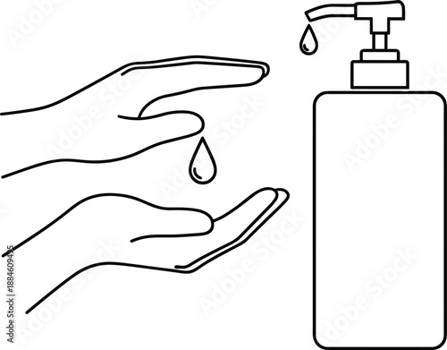 Outline icon of a hand sanitizer dispenser bottle with droplets falling onto hands for hygiene and health safety.