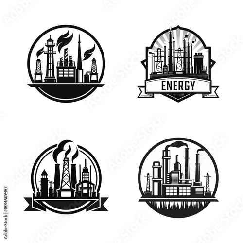 Industrial Energy Logos Set: Power Plant, Factory, and Refinery Emblems for Branding
