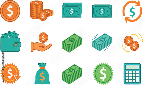 Finance and Money Flat Icon Set Featuring Cash, Currency Exchange, Savings, Payments, Wallets, Calculations, and Banking Symbols for Web, App, and Business Vector Design