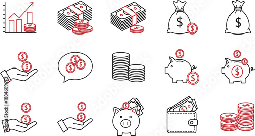 Finance and Money Line Icon Set with Cash, Savings, Piggy Bank, Wallet, Investment, and Income Growth Symbols for Business, Banking, and Accounting Vector Design