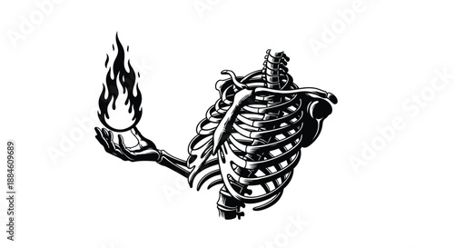 A black and white illustration of a ribcage with a flame in its hand on a plain background