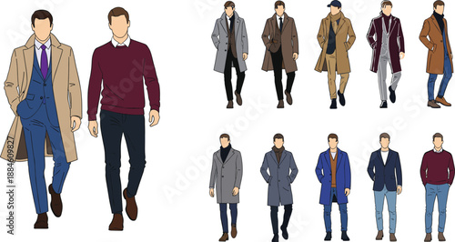 Men Winter Fashion Character Illustration Set Showing Stylish Male Outfits, Coats, and Modern Casual Looks for Urban Lifestyle and Editorial Vector Design