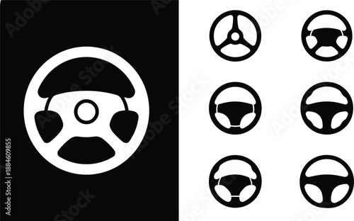Set of black and white steering wheel icons featuring diverse automotive designs for vehicle control and driving interfaces.