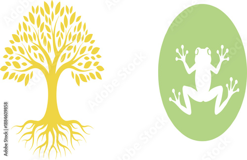 Nature Symbol Illustration Set Featuring Tree with Roots and Frog Silhouette Representing Ecology, Growth, Balance, Biodiversity, and Environmental Conservation Vector Design