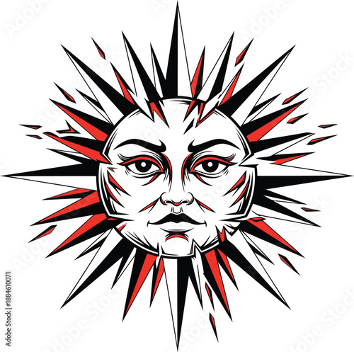 A striking illustration of a face surrounded by sharp red and black lines on a white background