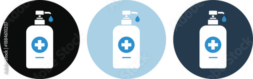 Set of medical hand sanitizer dispenser icons on circular backgrounds for hygiene safety and liquid soap disinfectant symbols.