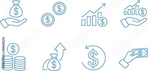 Set of light blue financial icons featuring money bags coins charts and hands representing profit growth and investment.