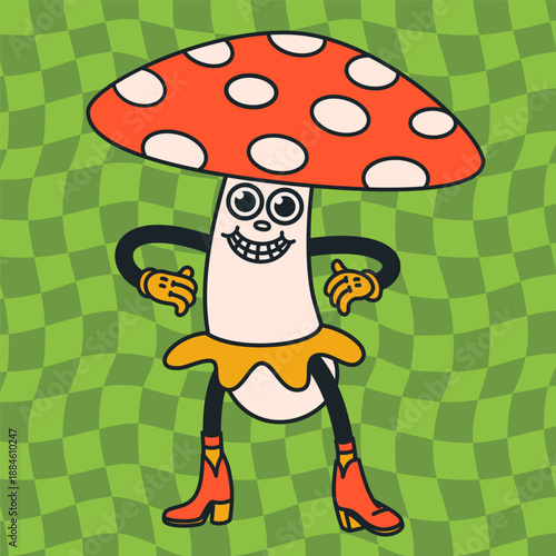 Groovy cartoon mushroom character with red fly agaric cap and smiling face on...