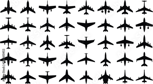 Black airplane silhouettes collection, top view aircraft icons set for aviation, travel, transport, military and commercial flight vector design