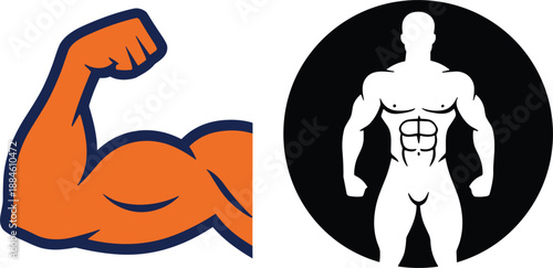 Strong arm muscle and bodybuilder silhouette icons showing fitness strength power gym logo emblem design illustration set.