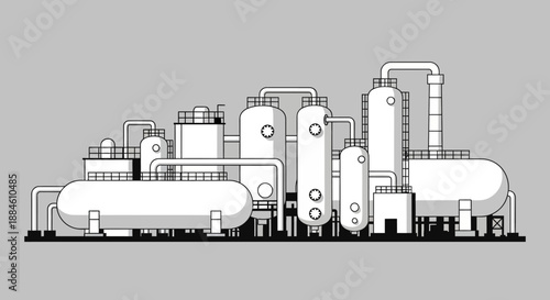 A detailed illustration of a complex industrial chemical plant with multiple tanks, pipes, and structures under a gray sky.